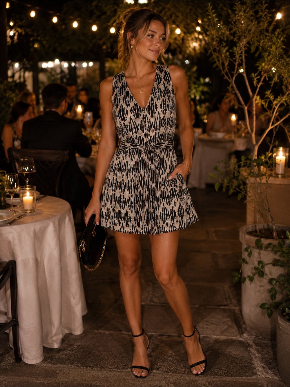 Tracy Reese Black and Cream Printed V-Neck Tie-Waist Mini Dress